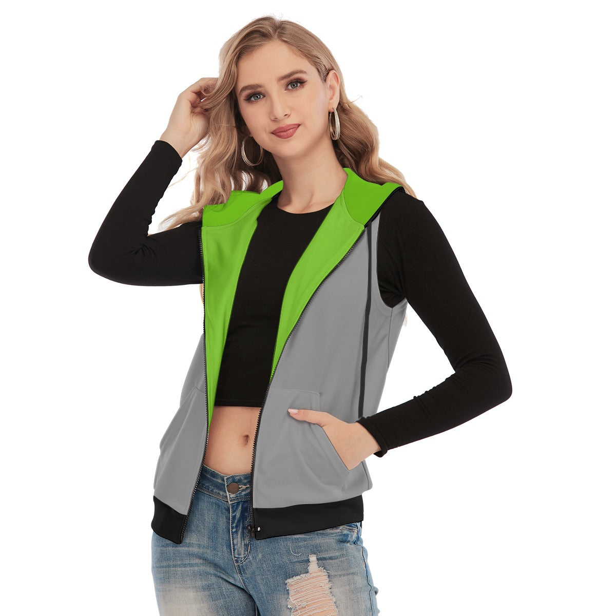 All-Over Print Women's Sleeveless Hoodie With Zipper Closure